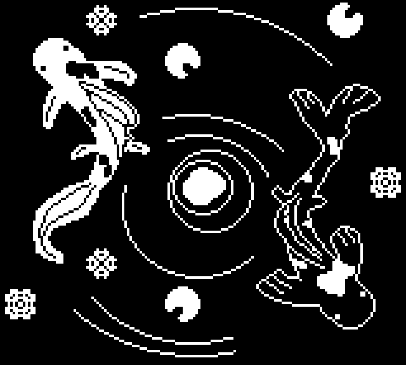 Two koi fish swimming in opposite directions in 1-bit